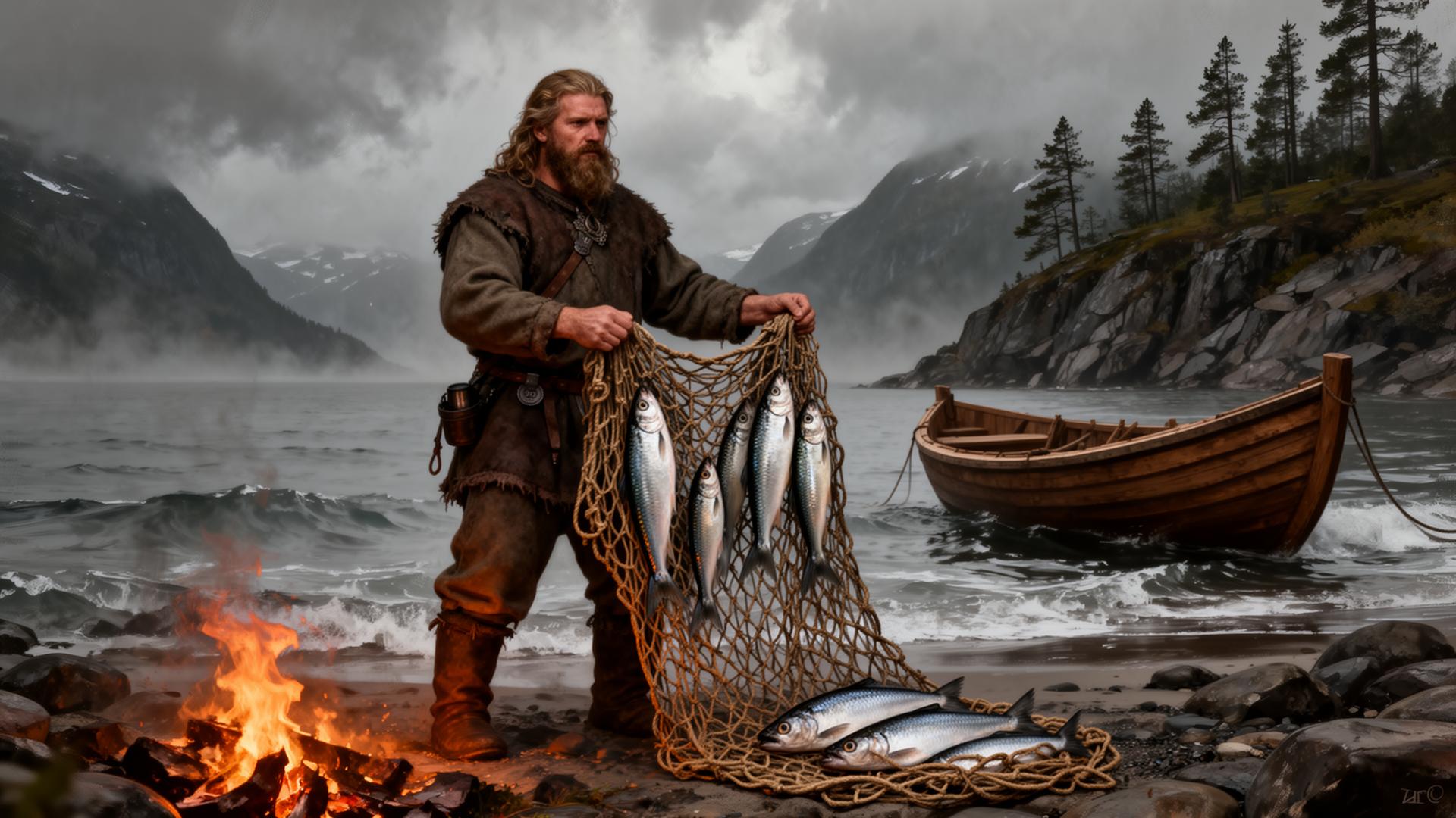 Wikinger-Fischer am Fjord mit Netz voller Hering und Dorsch, Wikinger Museum Saarbrücken